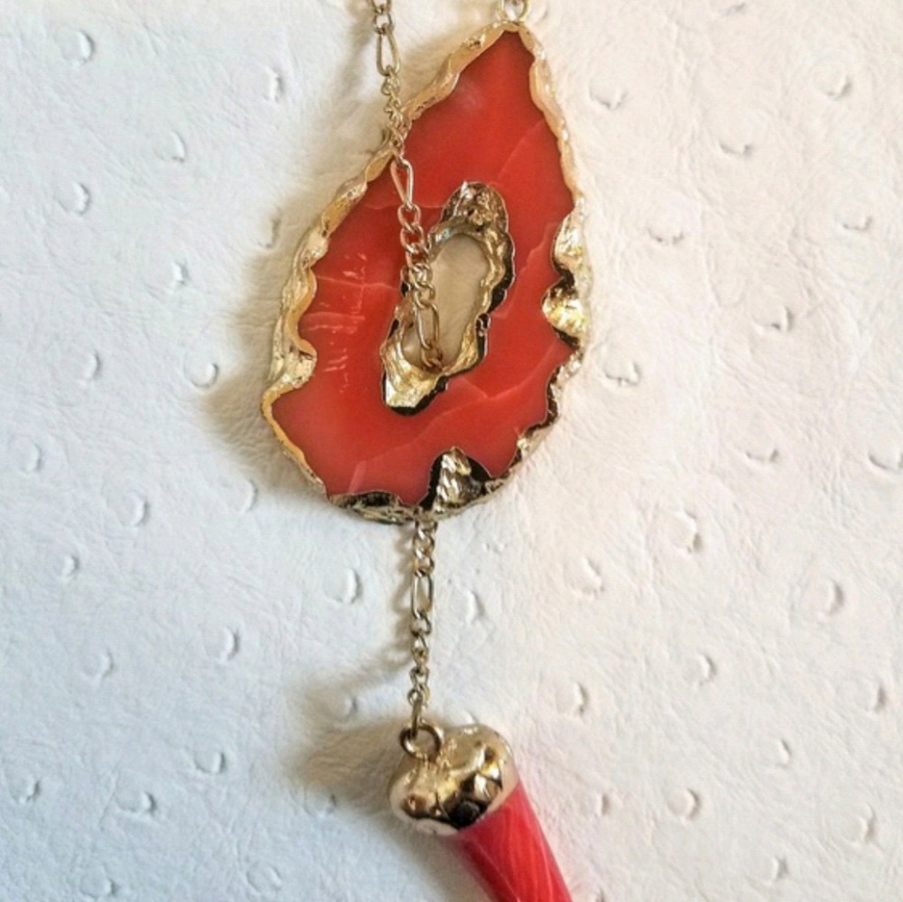 Large Druzy Red Orange Horn Gold Pendent